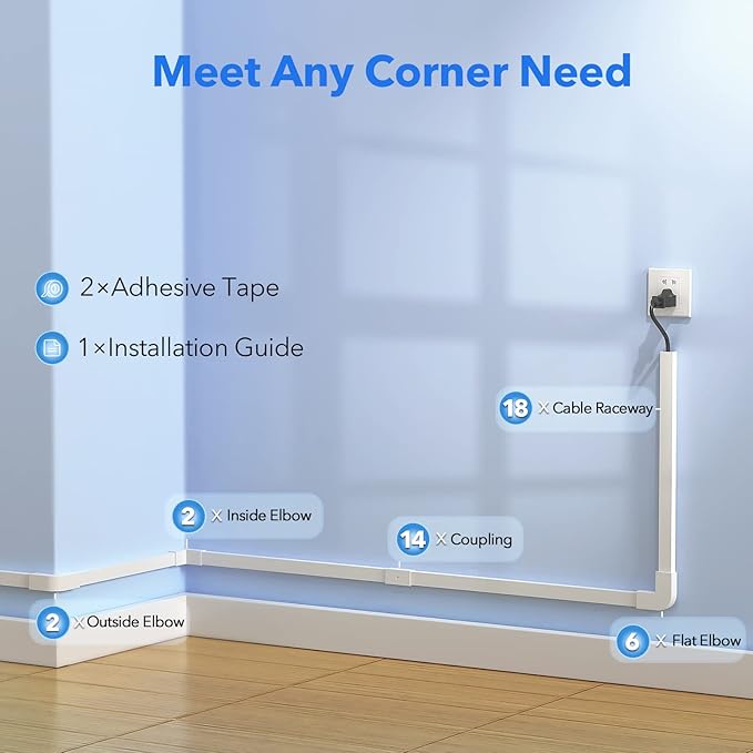 Yecaye PVC Wire Covers for Cords on Wall, One-Cord Cable Concealer Kit, Paintable Cable Raceway Management, 304in Cord Hider, Max for 2 Small Cords for Home Office, W0.59in H0.4in