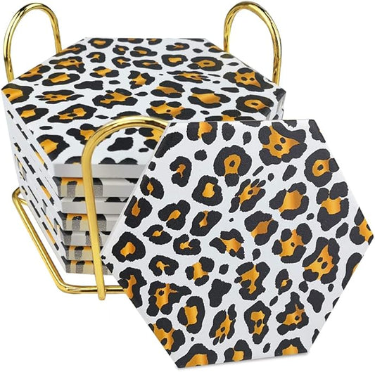 8 Pcs Drink Coasters with Metal Holder Stand, Leopard Print Design Ceramic Coaster Set, Cork Base, for Tabletop Protection, Home Decor, Bar Coasters(Leopard 1)