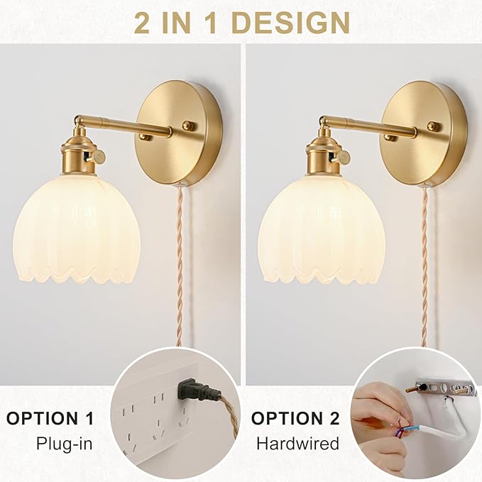 Plug in Wall Sconces Set of 2, Vintage Wall Sconce Light with Tulip Milk White Glass Lampshade, 180° Adjustable Wall Sconce with Switch and Plug in Wall lamp Cord, Gold Wall Light Wall Decor Set of 2