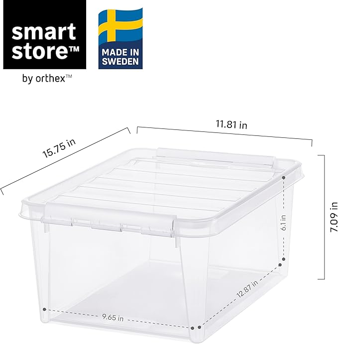 SmartStore Classic 15 Clear Storage Box, 14L/14.8QT BPA-Free Stackable Container with Secure Lid, Swedish Made Storage for A4 Papers & Games (6)