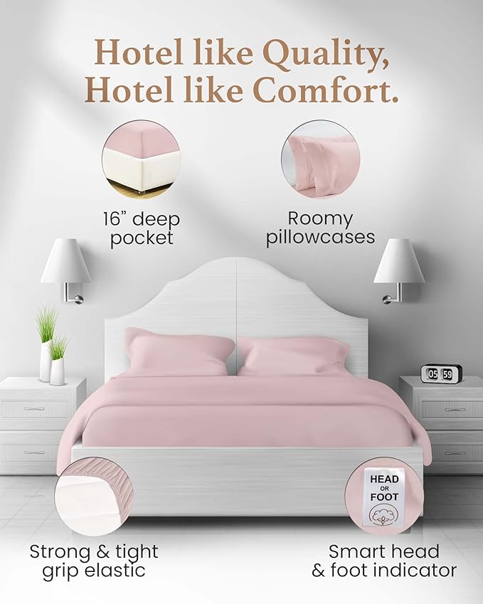 4 Pc Blush Twin Sheet Set for Twin Mattress, 1000 TC Egyptian Cotton Twin Bed Sheets for Twin Size Bed, Soft Breathable 16 Inch Deep Pocket Twin Bed Set - 1 Fitted Sheet, 1 Flat Sheet & 1 Pillow Case