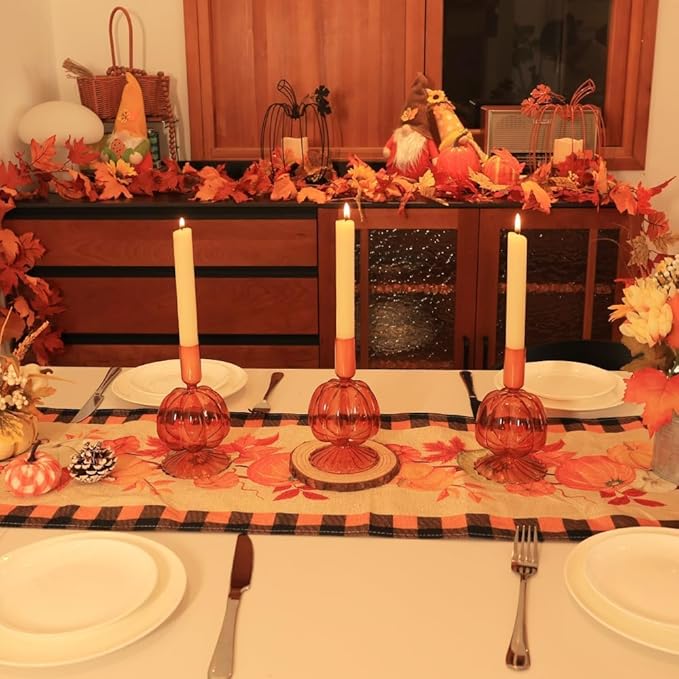 NEEDOMO Fall Decorations for Home, Set of 3 Glass Pumpkin Candlestick Holders for Thanksgiving Decor, Taper Candle Holder Fall Centerpieces for Tables Mantels Windows Indoor