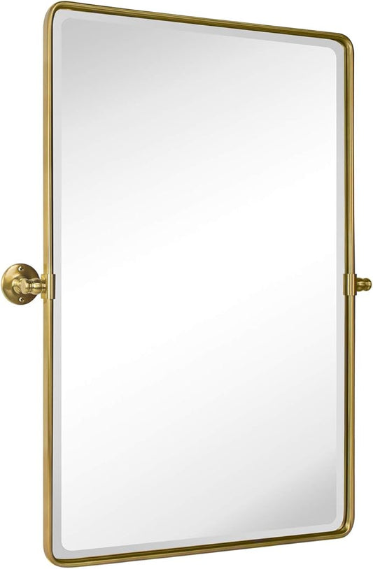 TEHOME Gold Pivot Rectangle Bathroom Vanity Mirrror Farmhouse Tiltable Rounded Metal Framed Pivoting Bathroom Mirror with Beveled Mirrror, Overall 26.91 x 35 inches (Mirrror 23 x 35 inches)