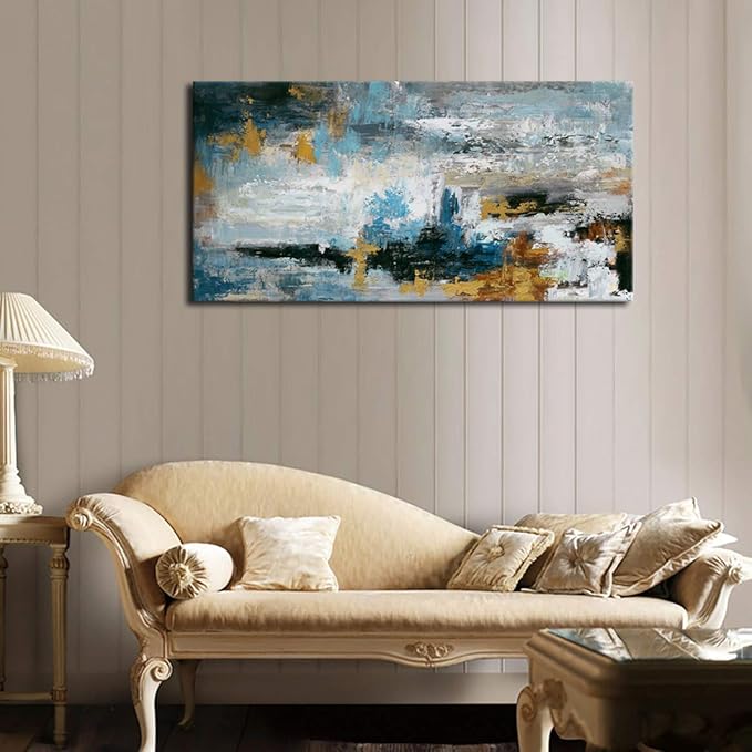Abstract Wall Art Large Canvas Picture Modern Blue Grey Brown Artwork on Canvas Prints Wall Decoration for Living Room Bedroom Bathroom Kitchen Office Home Wall Decor Framed Ready to Hang 20" x 40"
