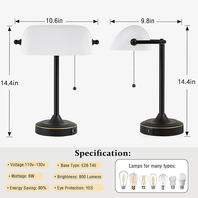 Vintage Desk Lamp Bankers Lamp - Black Retro Table Lamp with USB & Type C Charging Ports Traditional Pull Chain Switch Library Lamp for Home Office Nightstand Bedroom Side Table Lamp(Bulb Included)