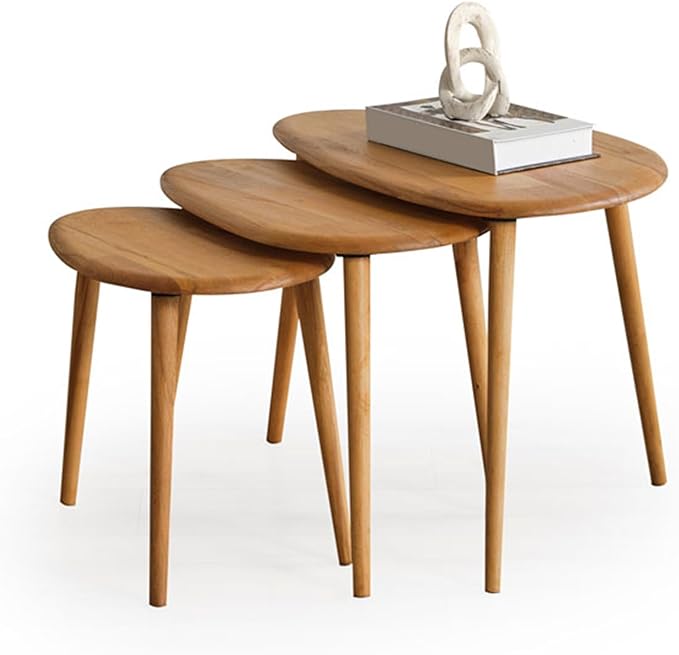 Solid Wood Nesting Coffee Table Set of 3 - Mid Century Modern Pebble Tables with Tapered Legs – Wooden Home Furniture in a Retro Style (Oak)