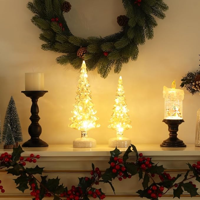 YEAHOME Christmas Decorations Indoor, Set of 2 Glass Christmas Trees with Lights for Home Decor, Christmas Table Decorations Xmas Tree with Timer for Living Room Fireplace Mantel Tabletop Party Decor