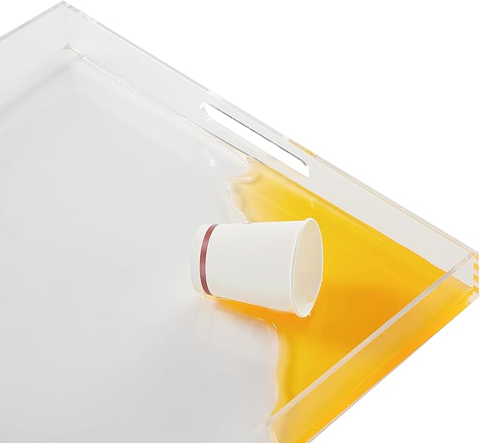 Large Clear Acrylic Serving Tray with Handles-19x19x2H Inch Big Size Spill Proof Tray for Ottoman,Coffee Table, Breakfast, Tea, Food, Butler -Safe Edge Organizer- Decorative