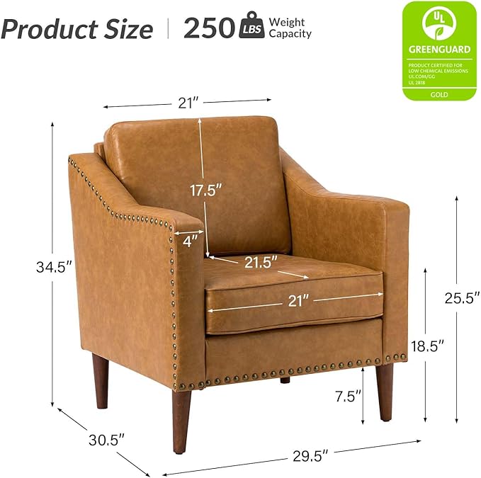 HULALA HOME Faux Leather Accent Armchairs Set of 2 with Back & Seat Cushions, Traditional Club Chairs with Nailhead Trim, Comfy Upholstered Sofa Chairs for Living Room Bedroom, Camel