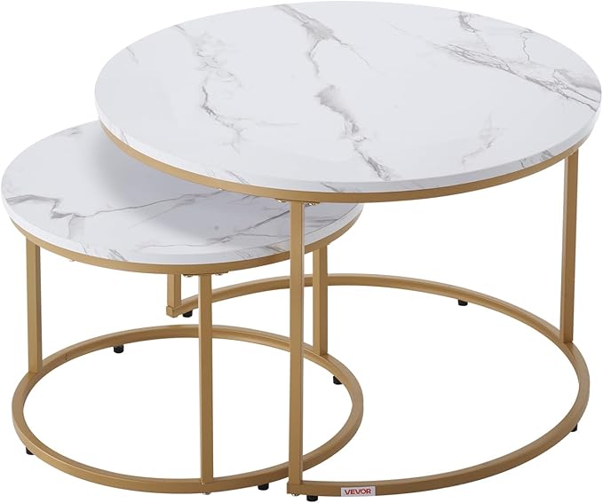 VEVOR Nesting Tables, Coffee Table Set of 2, 27.6 inch Round Coffee Table, Small Coffee Tables Night Stand with Metal Frame, for Living Room, Bedroom, Office (White & Gold)