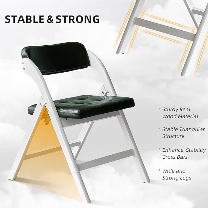 Padded Folding Chairs with Cushion, Stackable Wooden Foldable Chair Set of 2, Padded Folding Chairs with Cushion for Guests Kitchen, Office, Wedding, Picnic, Party Chair (White Green)