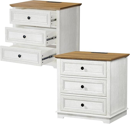 Nightstand with Charging Station Set, 24” Wide End Table with 3 Drawers Set of 2, Modern Bedside Table with Storage, Wood Small Dresser for Bedroom Living Room. (White)