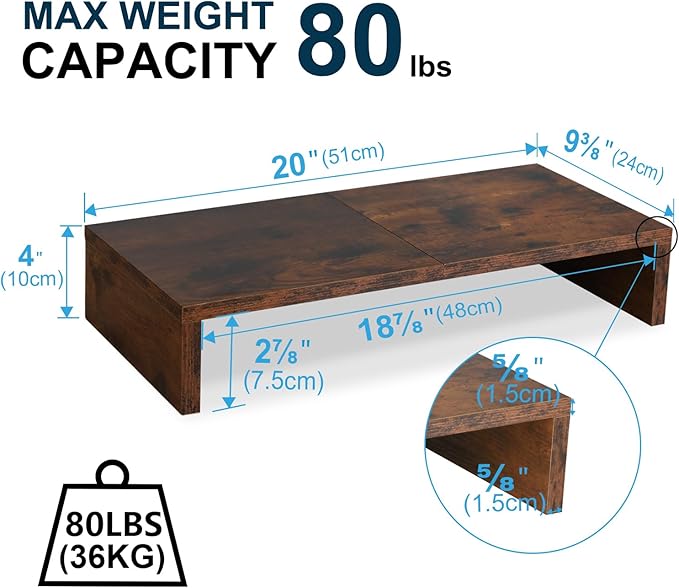 TEAMIX 20 Inch Monitor Stand Riser, Wooden Desktop Riser for TV/PC/Laptop/Printer, Rustic Brown Monitor Riser with Storage, Computer Stand Keyboard Organizer