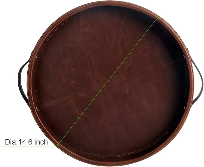 HofferRuffer Top Nocth PU Leather Round Serving Tray, Decorative Serving Tray with Handles, Coffee Tray, Ottoman Tray for Home Or Office, Diameter 14.6-inch, Brown