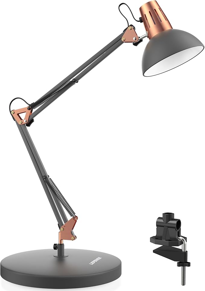 LEPOWER Metal Desk Lamp, Adjustable Goose Neck Architect Table Lamp with On/Off Switch, Swing Arm Desk Lamp with Clamp, Eye-Caring Reading Lamp for Bedroom, Study Room &Office (Sandy Black)