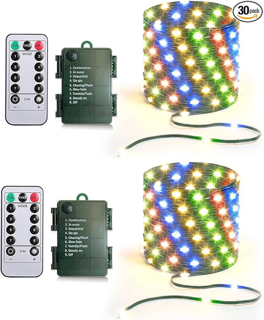 33ft Battery Operated String Lights (2 Pack), 100 LED Fairy String Lights Battery Powered w/Remote & Timer for Indoor Outdoor Christmas Trees Wreath Decoration Bedroom Patio - Multicolor