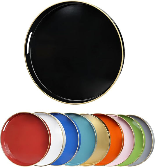 Black Round Decorative Tray with Handles, 13" Elegant Coffee Table Serving Tray for Ottoman Living Room, Bathroom, Outdoors, Breakfast