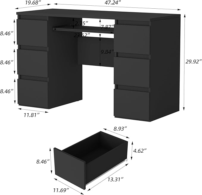 47'' Computer Desk with 6 Drawers and Keyboard Shelf, Modern Wood Writing Desk with Storage for Home Office, Bedroom, Gaming, Study, or Vanity Table – Black