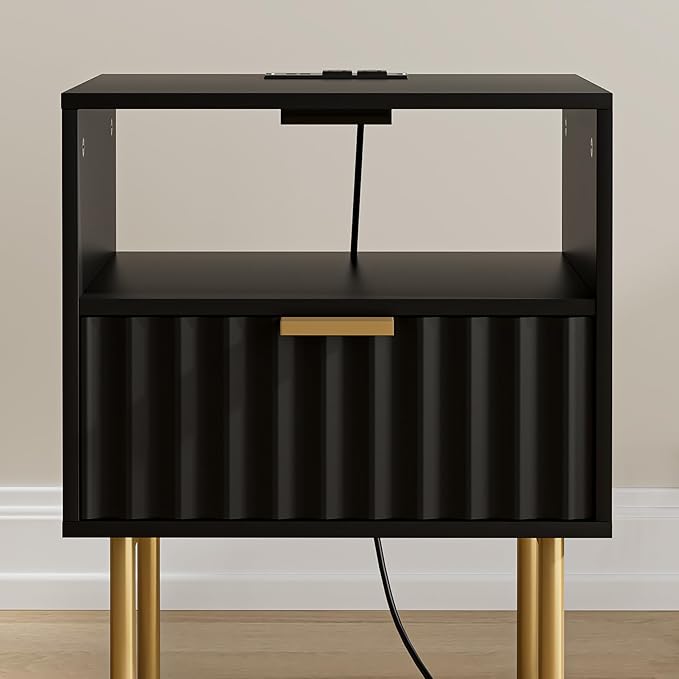 Masupu Nightstand with Charging Station,Mid-Century Modern Bedside Table with Storage Drawer and Open Wood Shelf,Small Gold Frame Side Table for Bedroom,Living Room (Black Fluted)