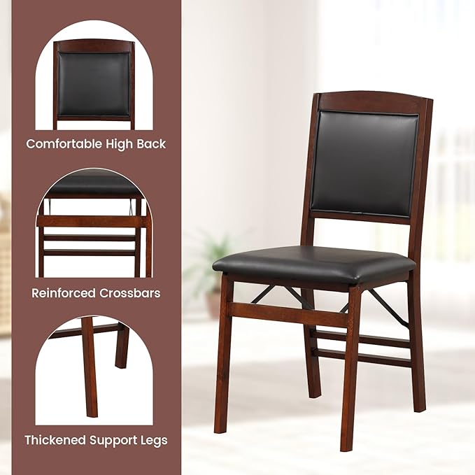 COSTWAY Folding Dining Chairs Set of 4, Wooden Kitchen Side Chairs w/Padded Seat, Solid Wood Frame, 400 LBS Load Bearing, No Assembly Needed, Vintage Foldable Chairs for Dining Room, Living Room