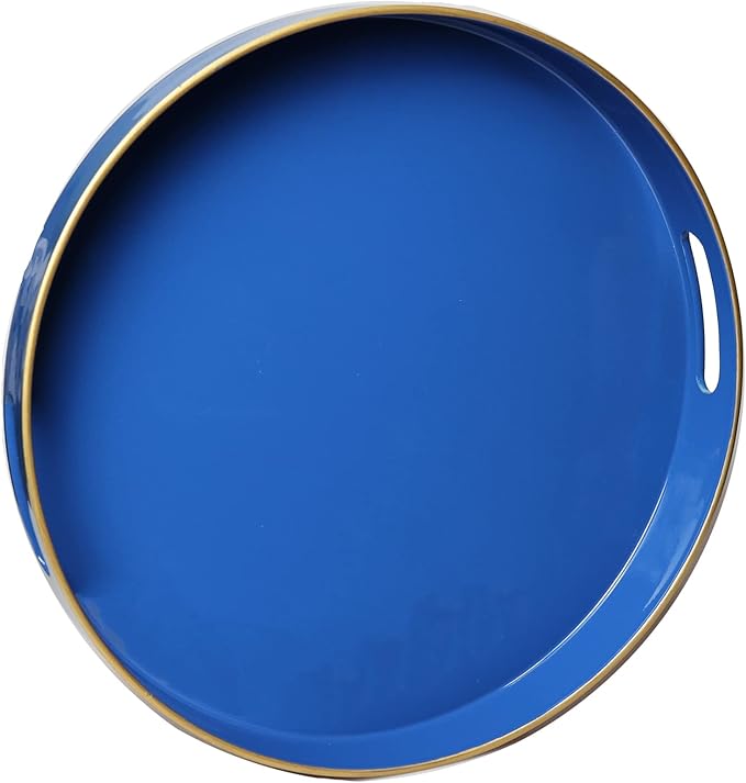 Spsyrine Round Navy Blue Decorative Tray, 13" Plastic Serving Table Tray with Handles for Breakfast,Modern Ottoman Tray for Coffee Table, Bathroom, Kitchen, Living Room