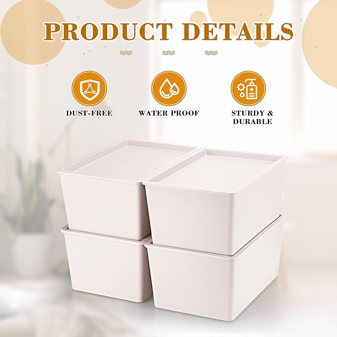 Menkxi 4 Pcs Storage Bins with Lids Plastic Containers Stackable Storage Box Baskets for Organizing Shelves(Beige,Large)