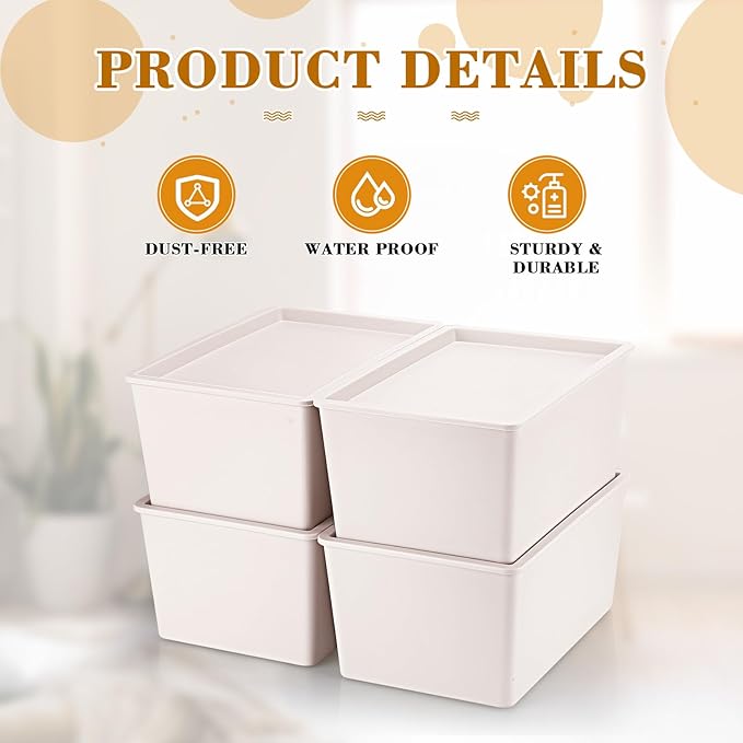 Menkxi 4 Pcs Storage Bins with Lids Plastic Containers Stackable Storage Box Baskets for Organizing Shelves(Beige, Small)