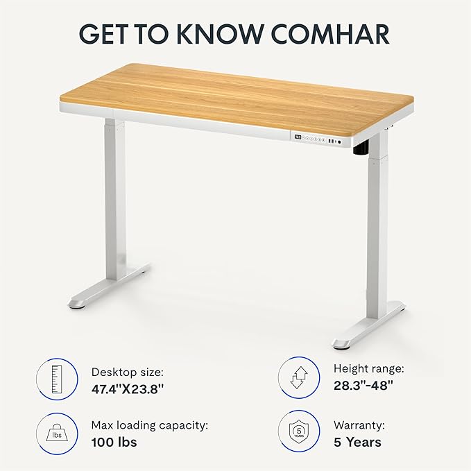 FLEXISPOT Electric Standing Desk with Drawer Storage Adjustable Height Quick Assembly Table w/USB Charge Ports, Child Lock （Natural Desktop + White Frame）