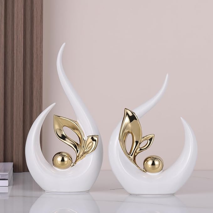 9.4" H White Gold Abstract Sculptures Home Decor, Ceramic Art Statue Cool Stuff to Put on Shelves&tv Stand Decor, Gold Accent Entertainment Center, for Fireplace Coffee Table Dining Table Decorate