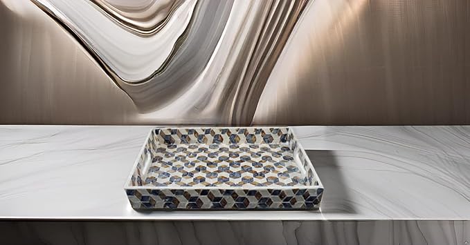 PEMAR Rectangular Mother of Pearl Serving Tray Coffee Table Ottoman Tray w Insert Handles, Luxury Decorative Handmade Eating Tray (Geometric Cube Pattern)