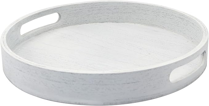 Round Decorative Tray,Wooden Serving Tray with Handles, 11.8in White Decorative Trays for Coffee Table,Kitchen Counter,bandejas decorativas