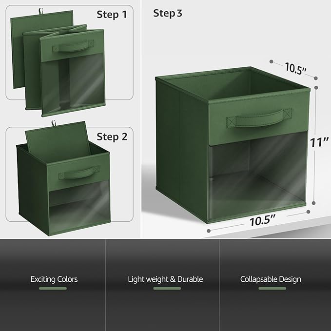 Sorbus 11 Inch Storage Bins with Clear Window - 6 Foldable Baskets for Organizing Clothes, Toys, Books - Sturdy Collapsible Fabric Storage Cubes with Handle - Storage Baskets for Shelves, Closets