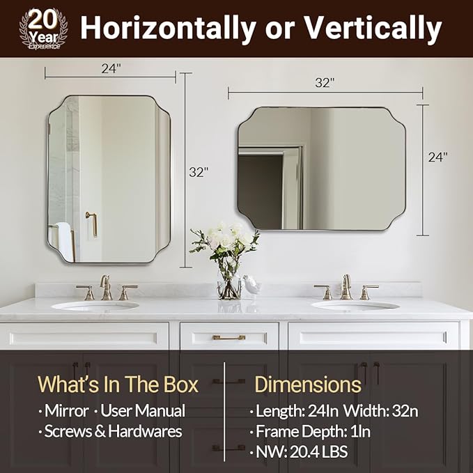 ANDY STAR Scalloped Bathroom Mirror, 24x32’’ Brushed Nickel Rectangle Mirror for Bathroom, Silver Bathroom Vanity Mirror, Unique Scalloped Edge Design, Rust-Proof Stainless Steel Frame