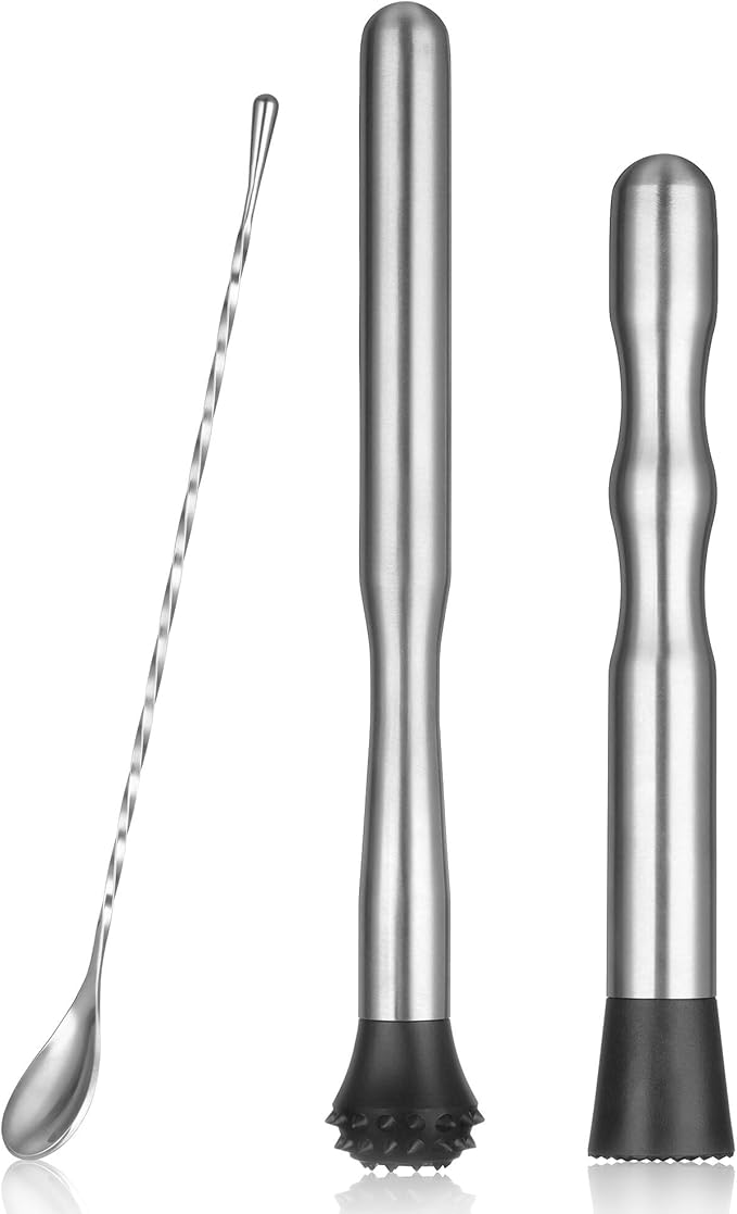 8'' & 12" Stainless Steel Cocktail Muddler & Long Handle Mixing Spoon Set - Professional Bar Tools for Mojitos, Fruit Drinks & Craft Cocktails | Heavy-Duty Stirring & Muddler Kit