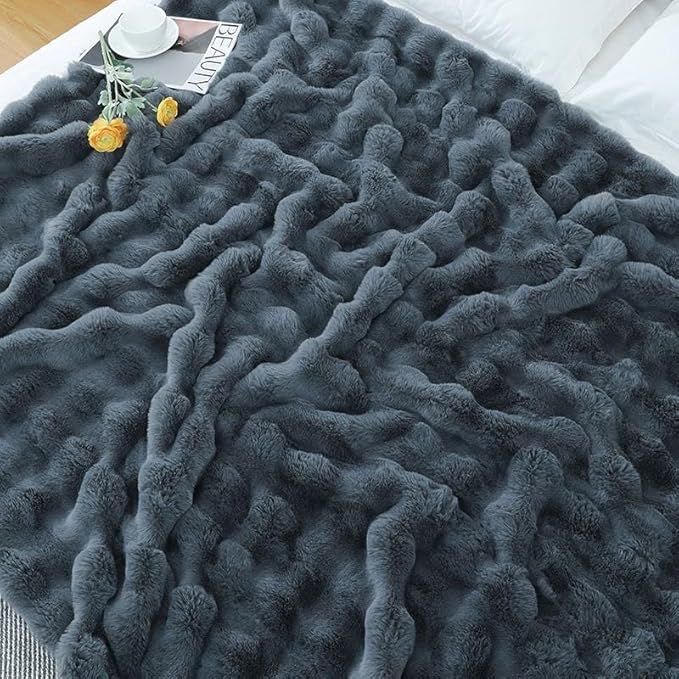 Faux Fur Throw Blanket for Couch Cozy Fuzzy Soft Plush Thick Fluffy Fleece Bubble Blanket for Sofa Bedroom Living Room, 51x63 Inches Dark Grey