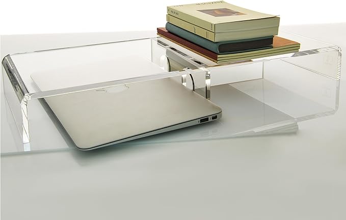 20" Crystal Clear Acrylic Monitor Stand Riser - Fits iMac/Printer/TV, Ergonomic 3" Elevation w/Hidden Keyboard Storage, Sleek Desk Organizer for Home Office