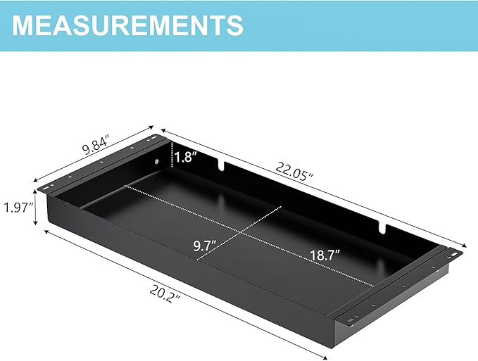 20.1 inch Under Desk Drawer, Pull-Out Storage Organizer with Full Extension Ball-Bearing Slides, Carbon Steel Undermount Drawer for Home Office Standing Desk, Black