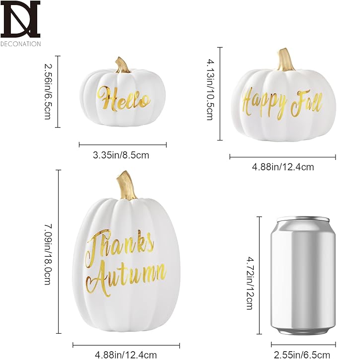 DN DECONATION 3Pcs Fall Pumpkin Decorations for Home, Faux White and Gold Words Pumpkin, Decorative Resin Pumpkins Figurines for Minimalist Modern Farmhouse Autumn Thanksgiving Fall Table Mantel Decor