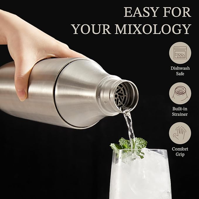 Kitessensu Hybrid Cocktail Shaker | Vacuum Insulated Stainless Steel Martini Shaker with Double Wall Martini Cup | Integrated Measuring System | Tumbler Lid & Cocktail Recipes Included | Silver