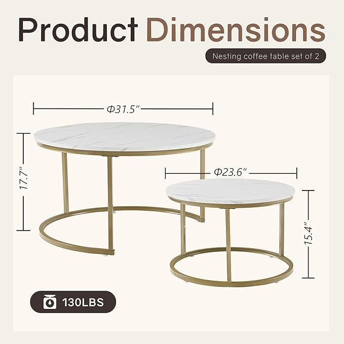 Nesting Tables Set of 2, 31.5" Round Coffee Table, Small Nesting Coffee Table with Adjustable Non-Slip Fee, White Marble Top Stack Nesting Tables Set of 2 for Living Room, Bedroom (White)