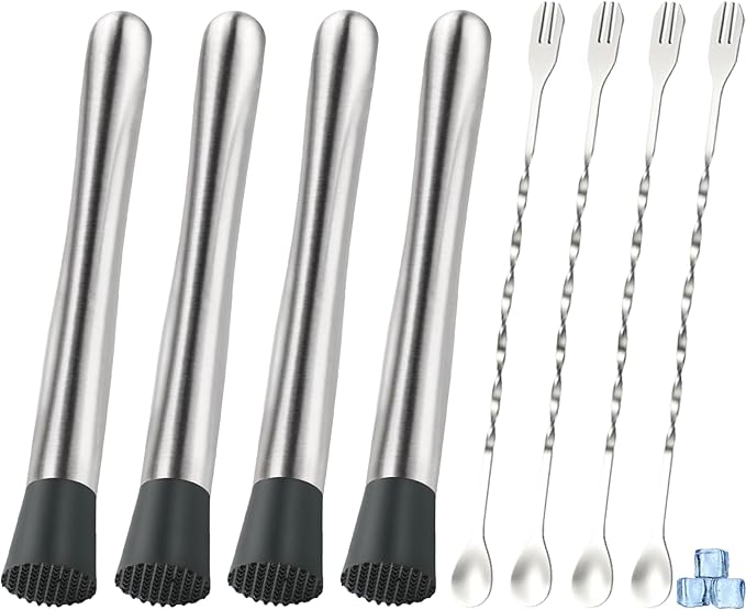 8Pcs 10'' Muddler and Spoon Set for Cocktails 304 Stainless Steel Fruit Smasher Home Bar Bartender Accessories Stirrers Mixing Tools for Mojitos Drinks Lemonade Stand Supplies