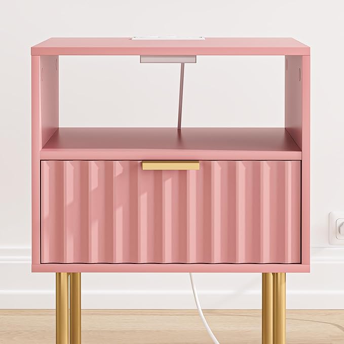 Masupu Nightstand with Charging Station,Mid-Century Modern Bedside Table with Storage Drawer and Open Wood Shelf,Small Gold Frame Side Table for Bedroom,Living Room (Pink Fluted)