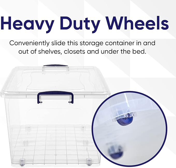 Superio Storage Containers With Wheels (3 Pack), Opaque Clear Stackable Large Storage Containers With Lids, Durable Latches (85 Quart)