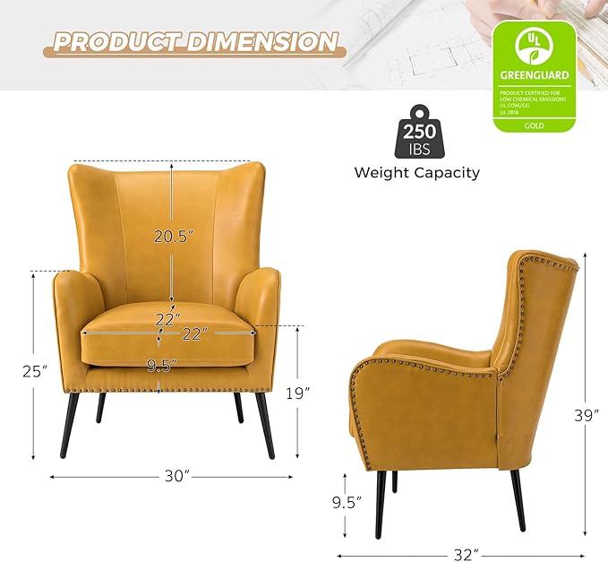 HULALA Home Faux Leather Accent Chair w/Removable Cushion, Comfy Upholstered Armchair with Black Metal Legs & Nailhead Trim Wingback Vanity Chair Desk Chair for Reading Living Room Bedroom, Yellow