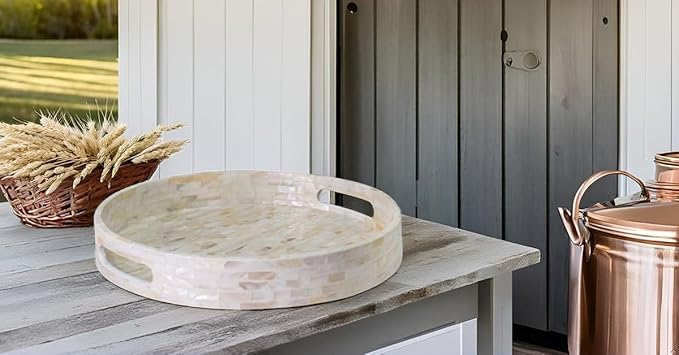 PEMAR 12.6” Mother of Pearl Round Serving Tray with Handles, Decorative Nacred Wooden Ottoman Coffee Table Tray (White Tiles)