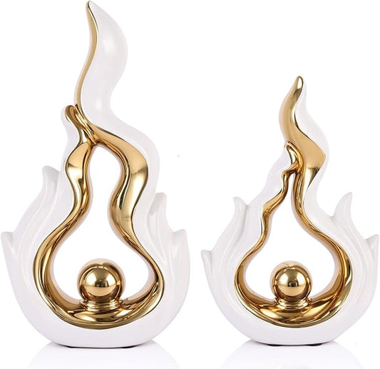 2 Pcs White and Gold Ceramic Sculptures for Home Decor, Modern Abstract Art Statues, Centerpieces for Dining Room Table, Living Room, Shelf, Mantel, Coffee Table, Entryway Accent Decorations