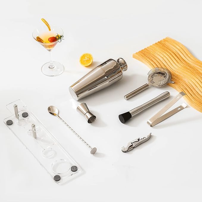 Cocktail Shaker Set with Arcylic Stand, Mixology Bartender Kit for Drink Mixing | Mixology Set with 7 Bar Set Tools Cocktail Kit (Silver)