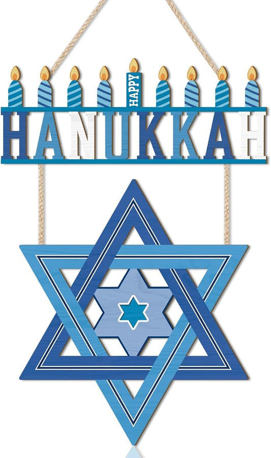 HPNIUB Happy Hanukkah Welcome Door Sign, Chanukah Candlestick Star Wooden Hanging Plaque, Blue Festival Front Door Hanger for Indoor Outdoor Home Porch Window Decor
