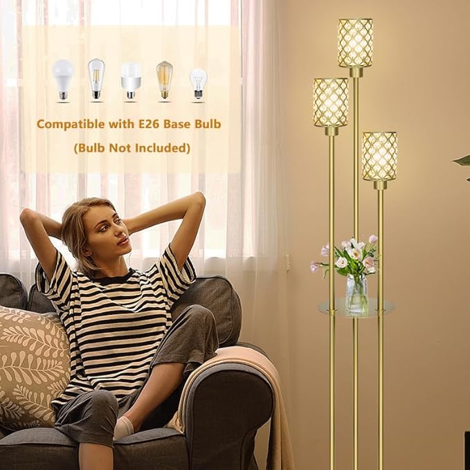 Gold Floor Lamps for Living Room, Standing Floor Lamp with Shelves, Tall Lamp with Table, Modern Mid Century Floor Lamp with E26 Base, Coner Crystal Floor Light for Bedroom (Without Bulb)