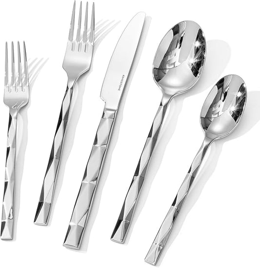 KINGSTONE Silverware Set, Luxury 30 Piece Flatware Set for 6, 18/10 Stainless Steel Cutlery Set with Diamond Cut Pattern for Kitchen, Home, Wedding, Party, Mirror Polished and Dishwasher Safe